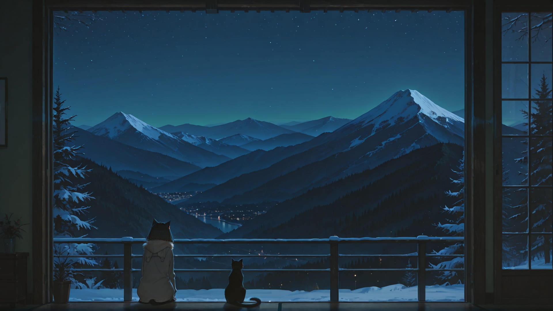 Green Night Mountain Cat smartphone wallpaper free download, vertical 16:9 format, Green, Night, Mountain, Winter 001