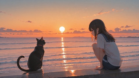 Orange Afternoon Sea Cat smartphone wallpaper free download, vertical 9:16 format, Orange, Afternoon, Sea, Summer 001