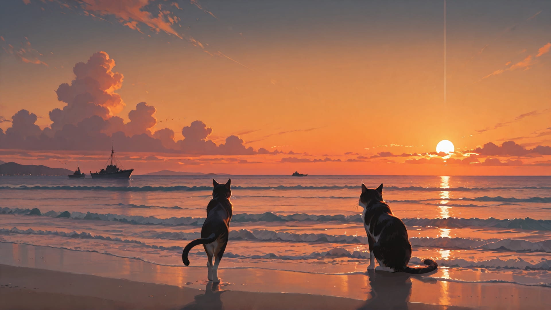 Orange Sunset Sea Cat smartphone wallpaper free download, vertical 16:9 format, Orange, Sunset, Sea, Summer 001