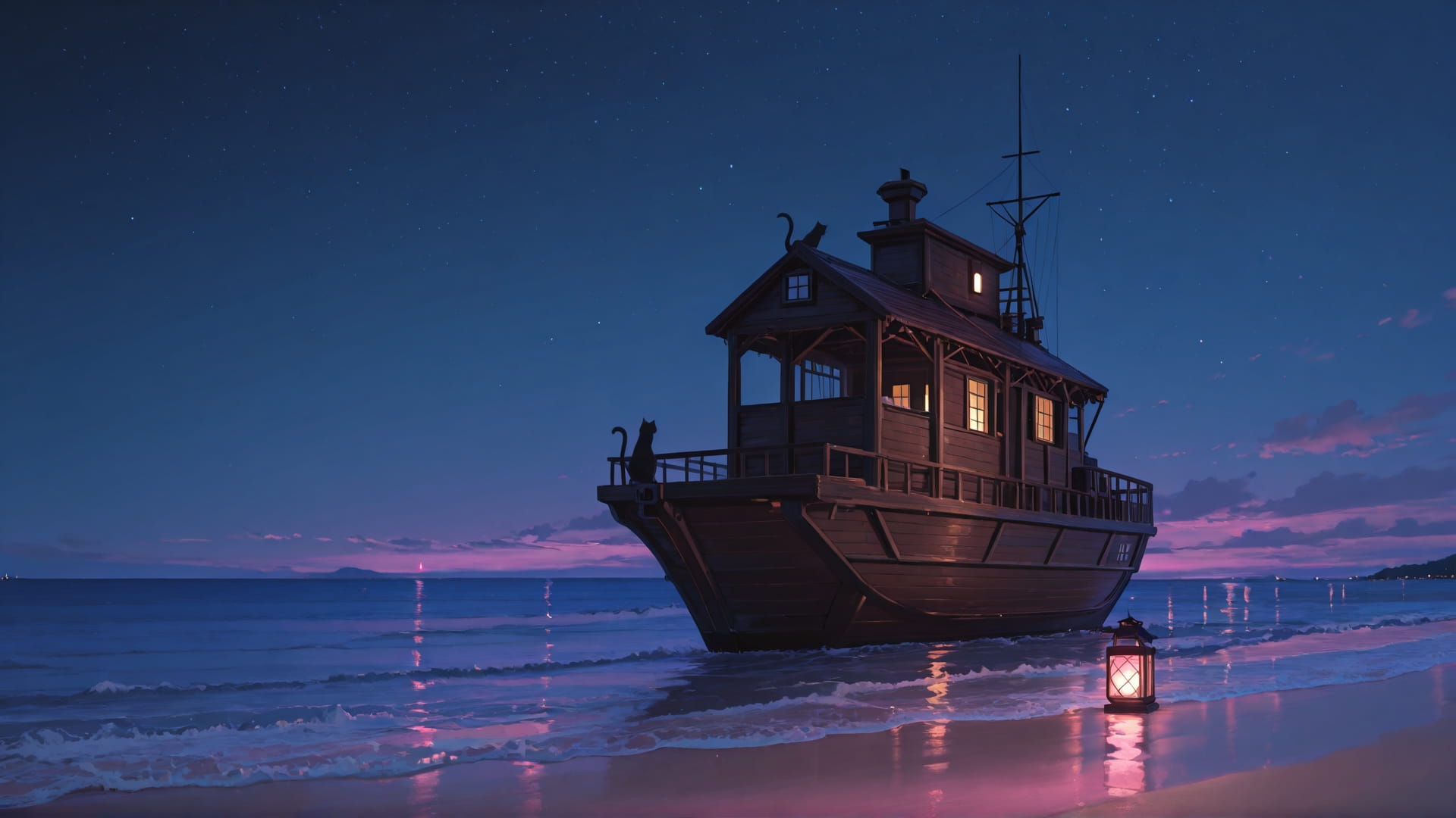 Pink Night Sea Cat smartphone wallpaper free download, vertical 16:9 format, Pink, Night, Sea, Spring 001