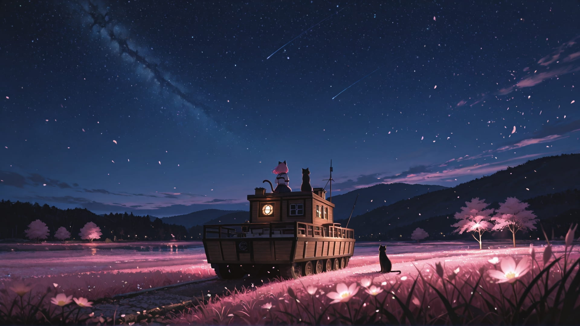 Pink Night Sky Cat smartphone wallpaper free download, vertical 16:9 format, Pink, Night, Sky, Spring 001