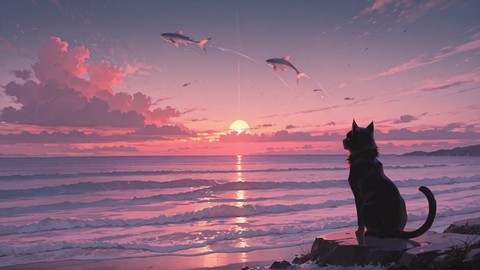 Pink Sunset Sea Cat smartphone wallpaper free download, vertical 9:16 format, Pink, Sunset, Sea, Winter