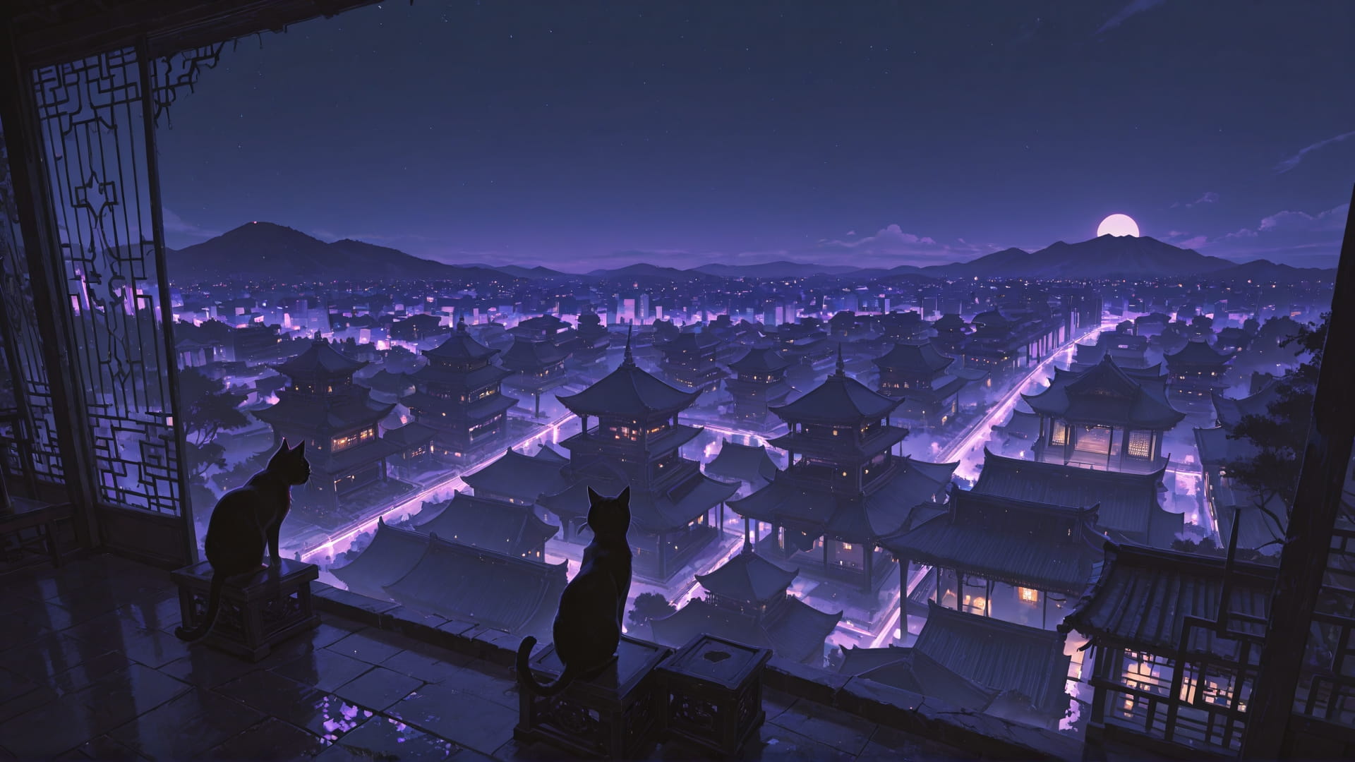 Purple Night City Cat smartphone wallpaper free download, vertical 16:9 format, Purple, Night, City, Spring 001