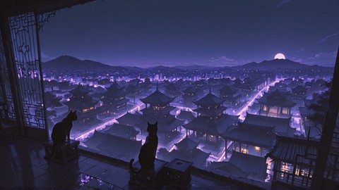 Purple Night City Cat smartphone wallpaper free download, vertical 9:16 format, Purple, Night, City, Spring 001