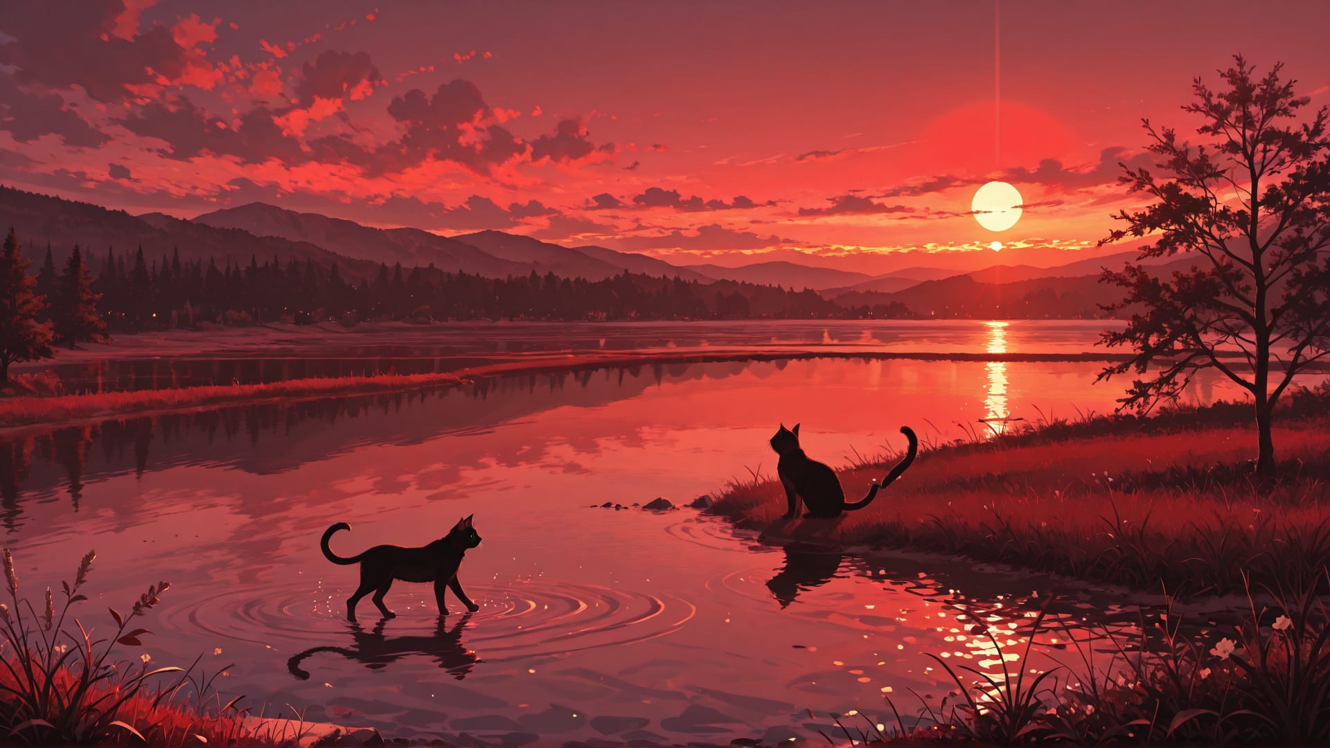 Red Sunset Sea Cat smartphone wallpaper free download, vertical 16:9 format, Red, Sunset, Sea, Spring 001