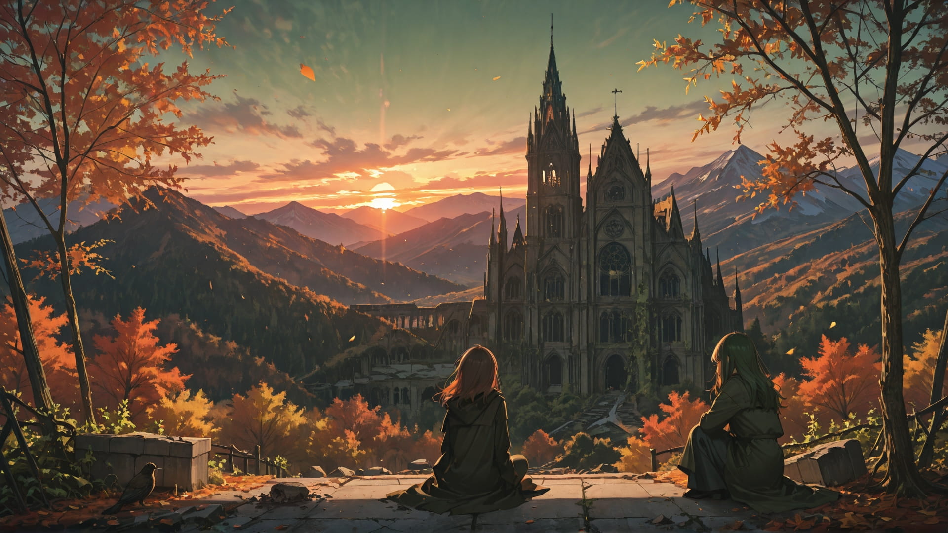 Green Sunset Mountain Cathedral smartphone wallpaper free download, vertical 16:9 format, Green, Sunset, Mountain, Autumn