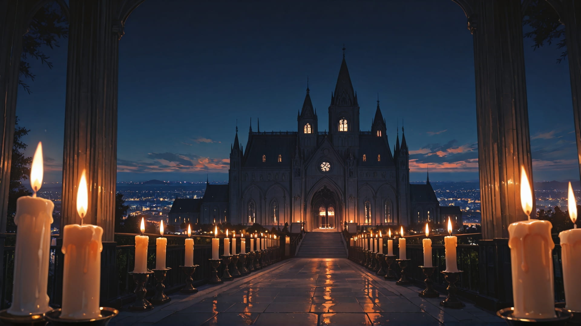 Orange Night City Cathedral smartphone wallpaper free download, vertical 16:9 format, Orange, Night, City, Summer 001