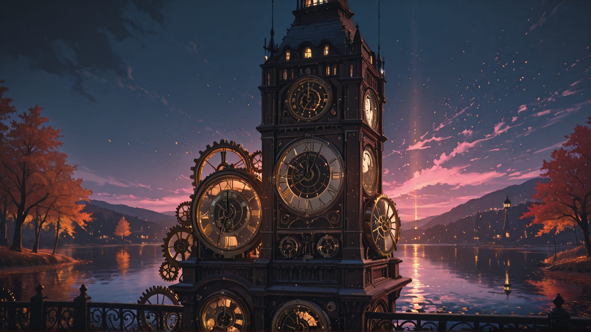 Pink Night Sea Clockwork smartphone wallpaper free download, vertical 16:9 format, Pink, Night, Sea, Autumn 001