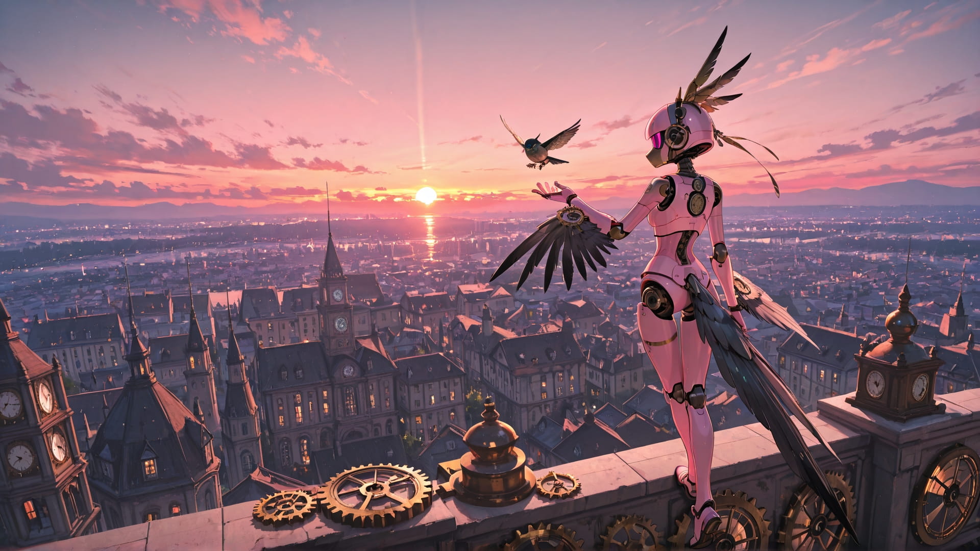 Pink Sunset City Clockwork smartphone wallpaper free download, vertical 16:9 format, Pink, Sunset, City, Summer