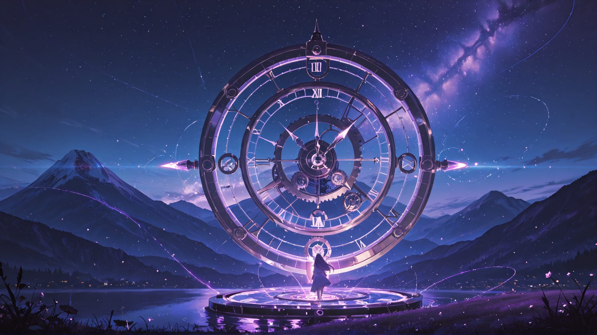 Purple Night Mountain Clockwork smartphone wallpaper free download, vertical 9:16 format, Purple, Night, Mountain, Summer