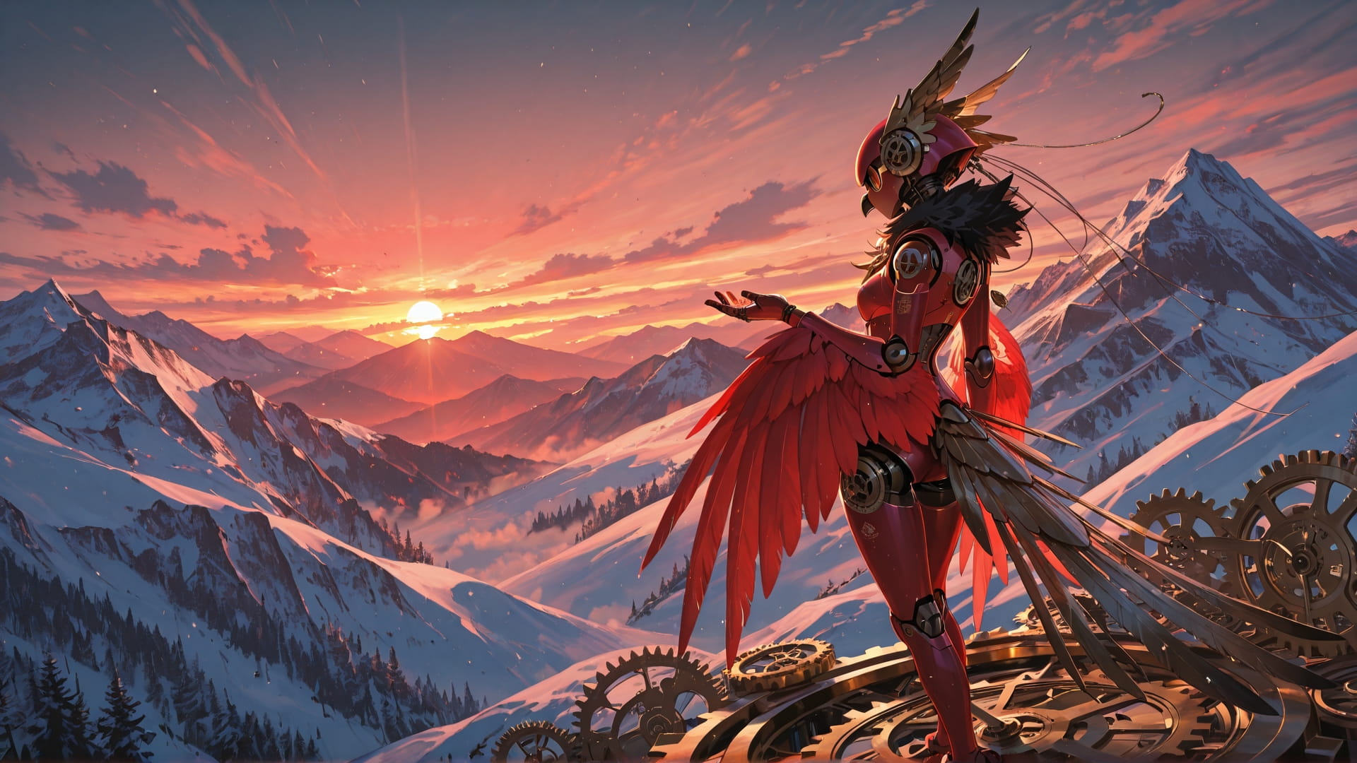 Red Sunset Mountain Clockwork smartphone wallpaper free download, vertical 16:9 format, Red, Sunset, Mountain, Winter 001