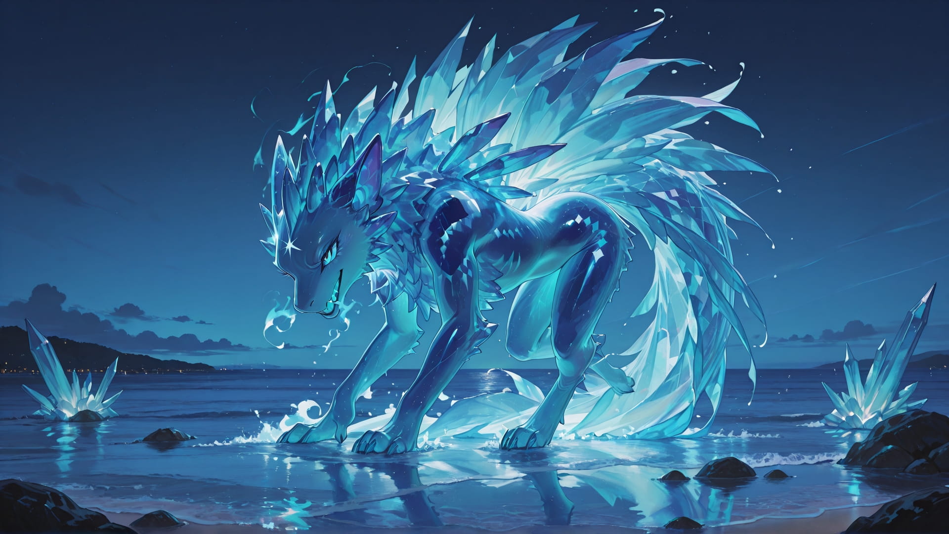 Blue Night Sea Crystal smartphone wallpaper free download, vertical 16:9 format, Blue, Night, Sea, Summer 001