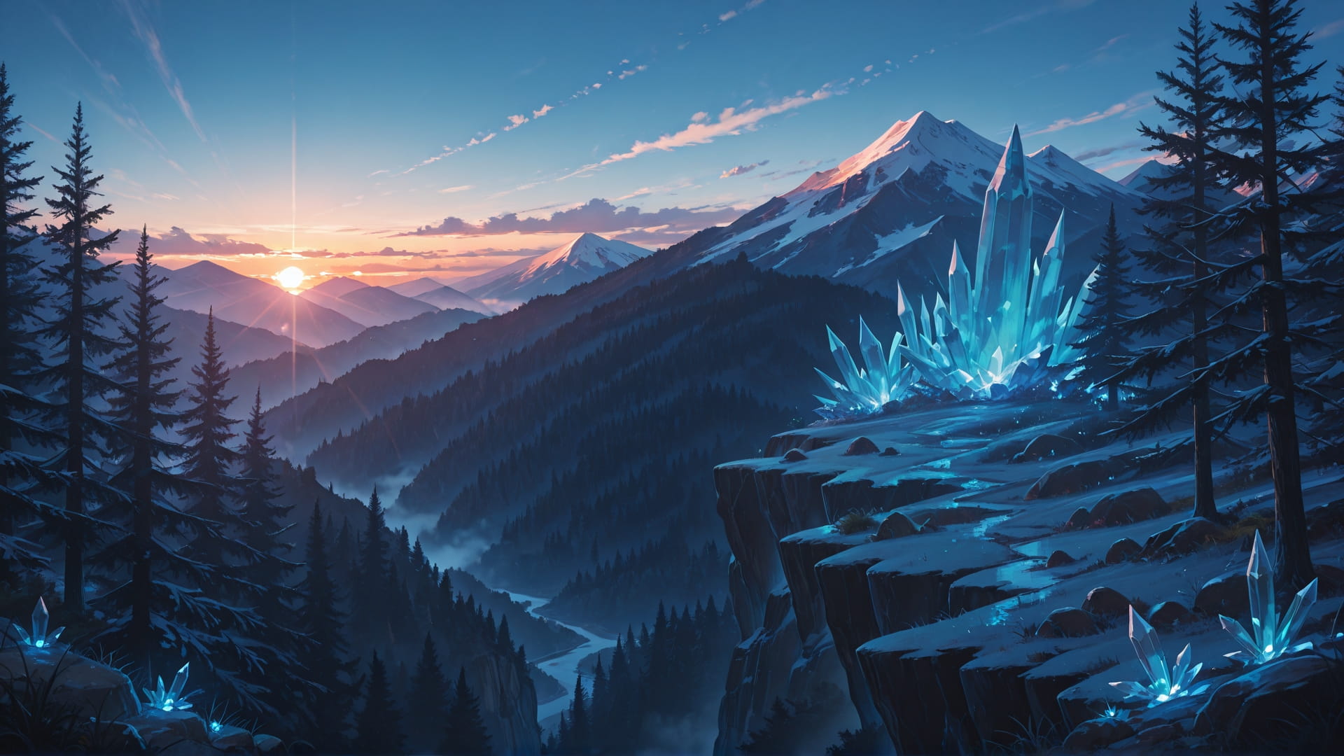Blue Sunset Mountain Crystal smartphone wallpaper free download, vertical 16:9 format, Blue, Sunset, Mountain, Spring 001