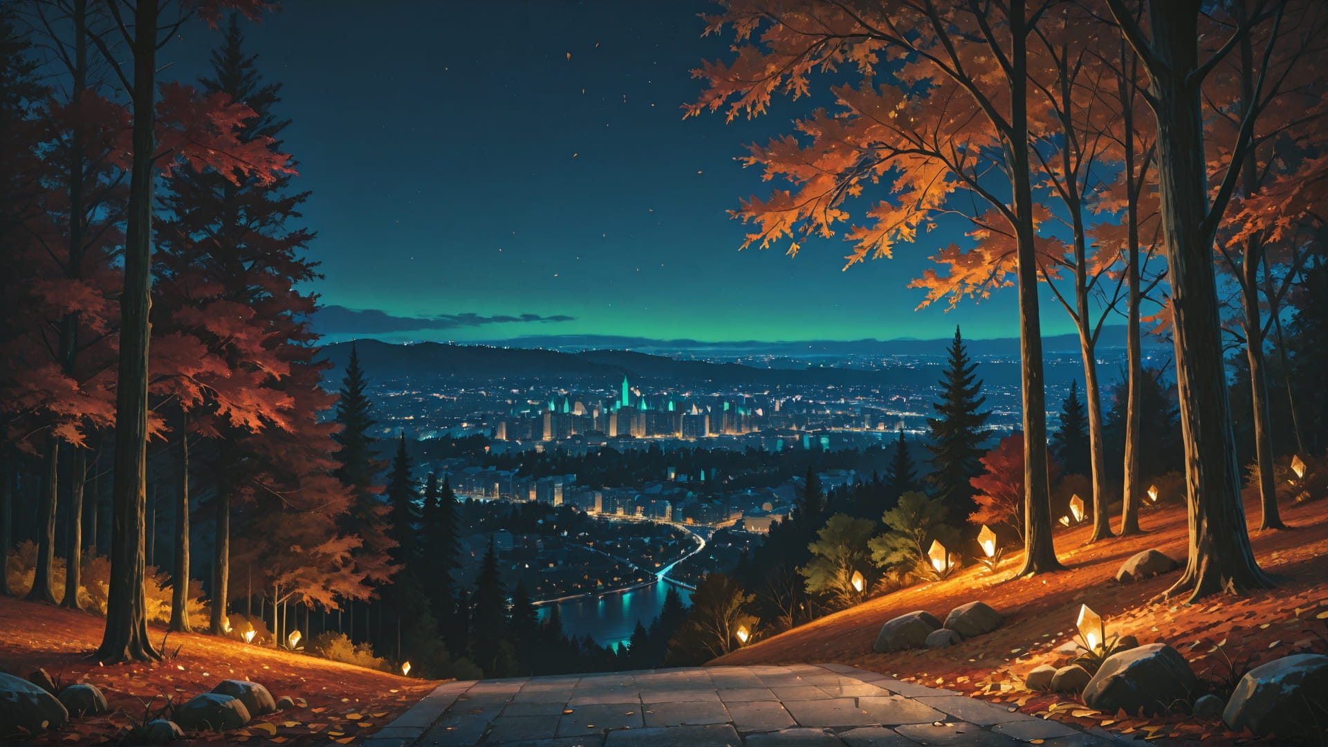 Green Night City Crystal smartphone wallpaper free download, vertical 16:9 format, Green, Night, City, Autumn 001