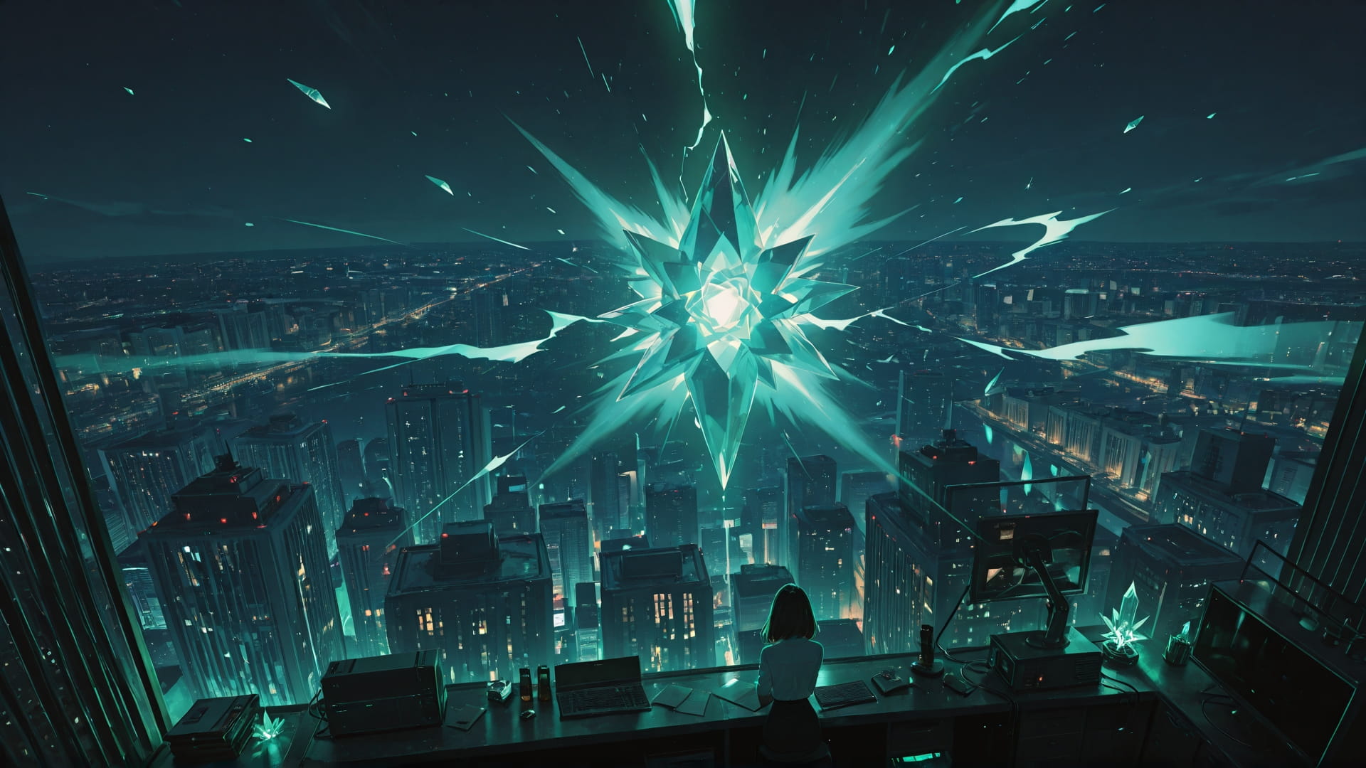 Green Night City Crystal smartphone wallpaper free download, vertical 16:9 format, Green, Night, City, Summer