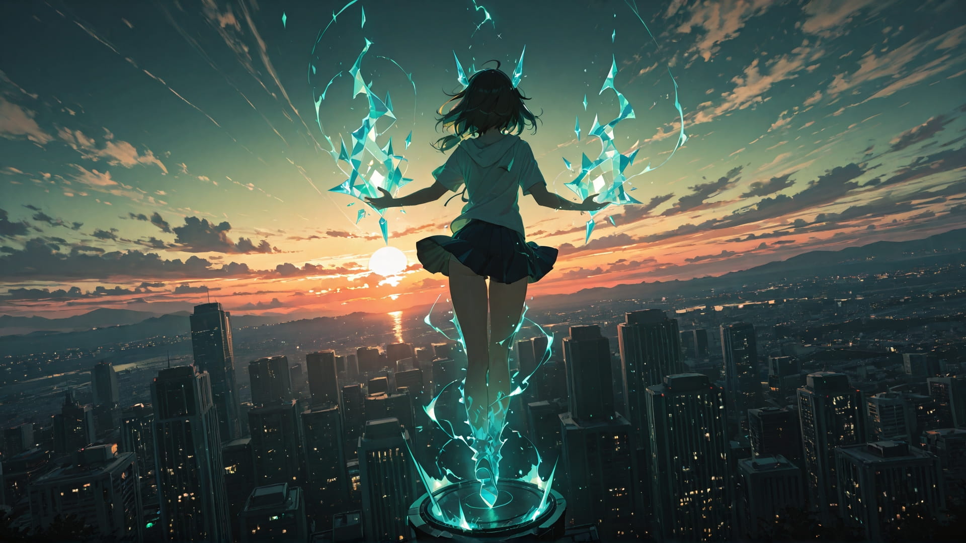 Green Sunset City Crystal smartphone wallpaper free download, vertical 16:9 format, Green, Sunset, City, Summer 001