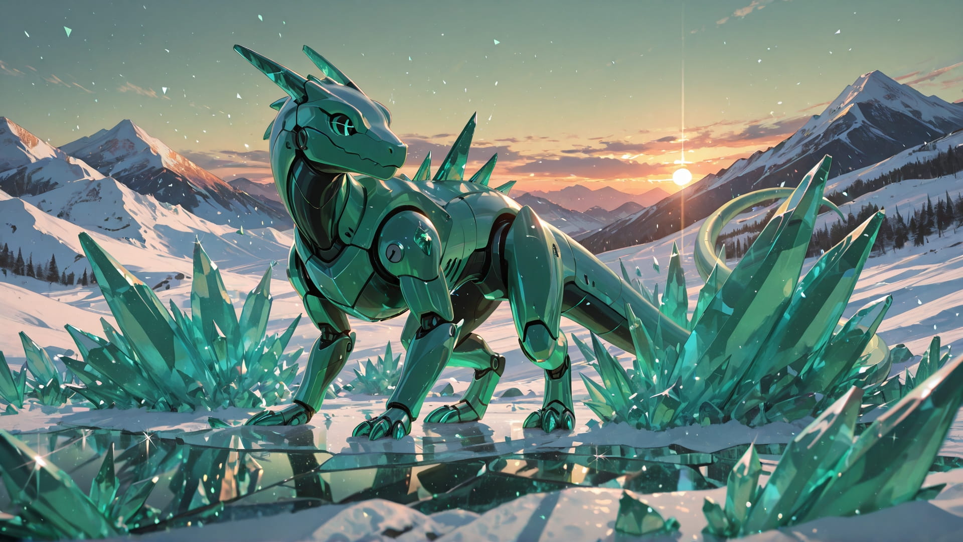 Green Sunset Mountain Crystal smartphone wallpaper free download, vertical 16:9 format, Green, Sunset, Mountain, Winter