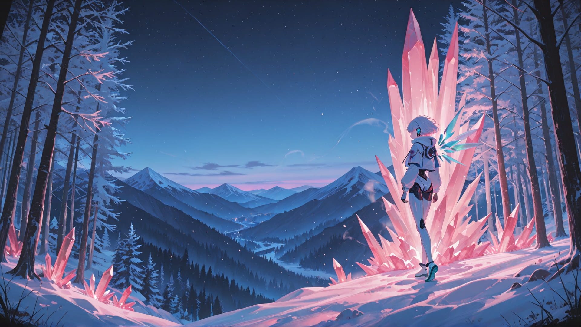 Pink Night Mountain Crystal smartphone wallpaper free download, vertical 16:9 format, Pink, Night, Mountain, Winter