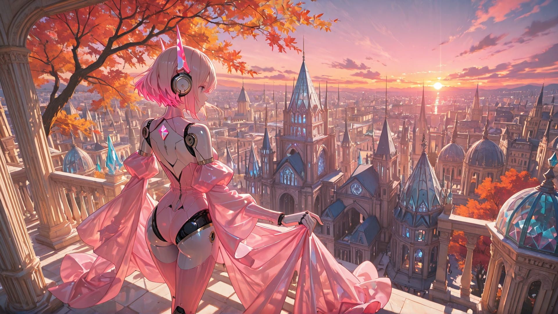 Pink Sunset City Crystal smartphone wallpaper free download, vertical 16:9 format, Pink, Sunset, City, Autumn