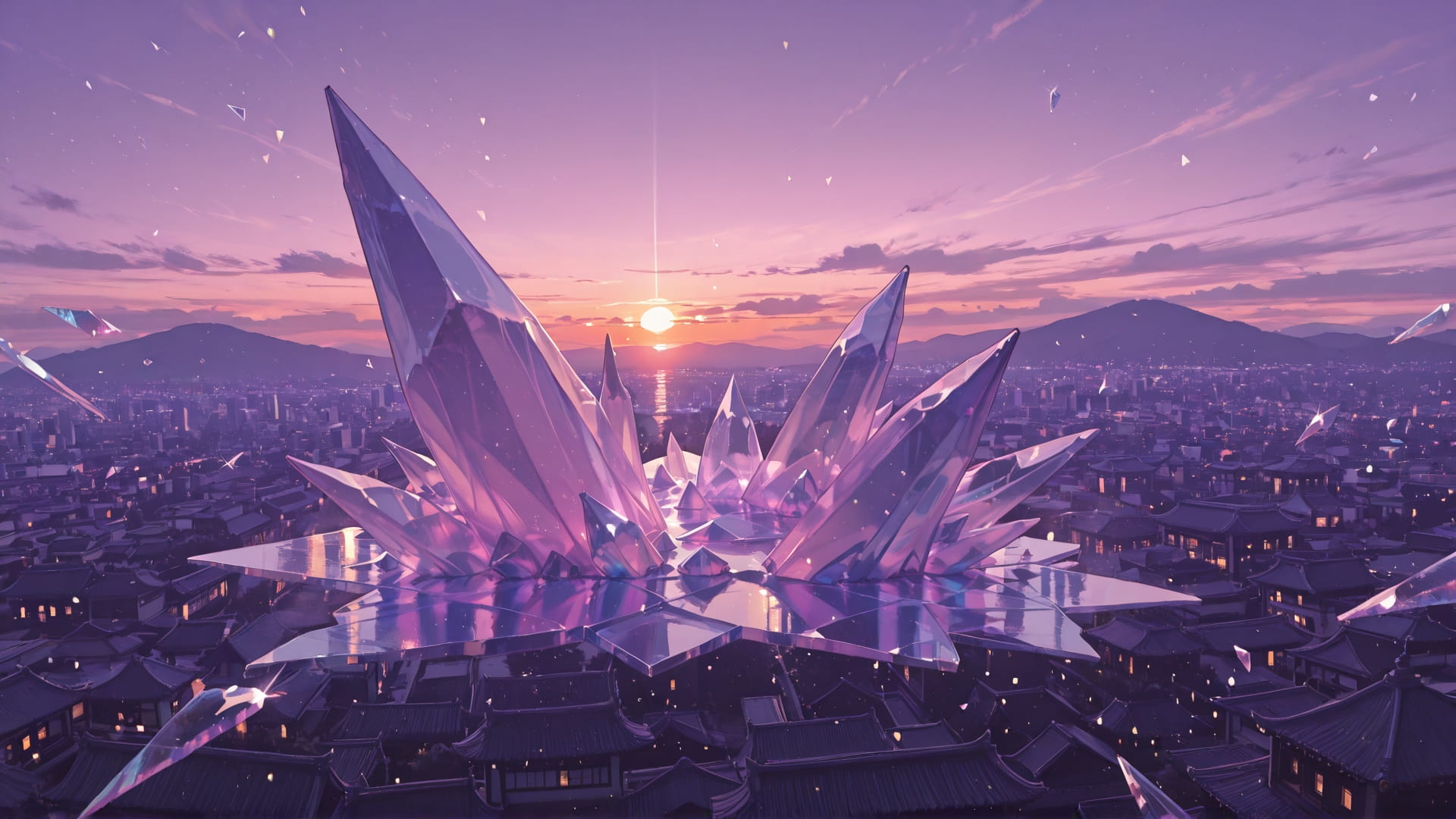Purple Sunset City Crystal smartphone wallpaper free download, vertical 16:9 format, Purple, Sunset, City, Summer 001