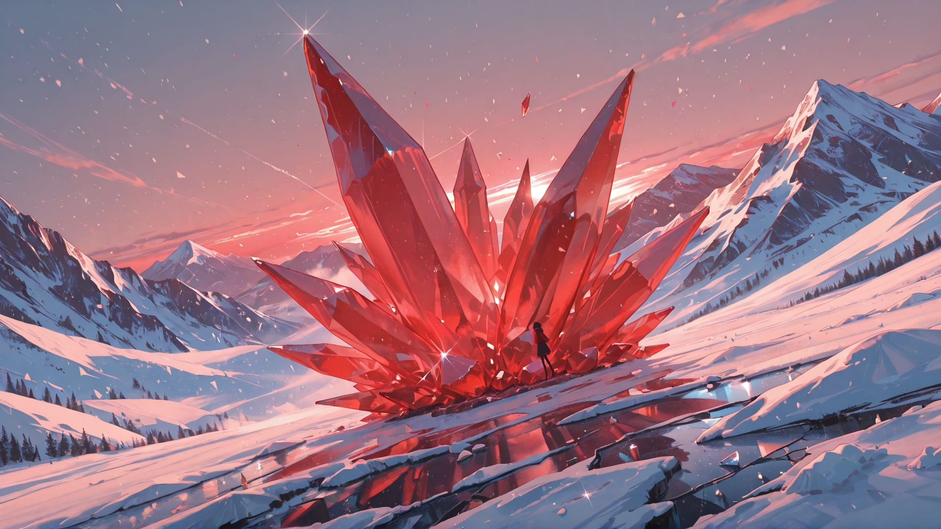 Red Afternoon Mountain Crystal smartphone wallpaper free download, vertical 16:9 format, Red, Afternoon, Mountain, Winter