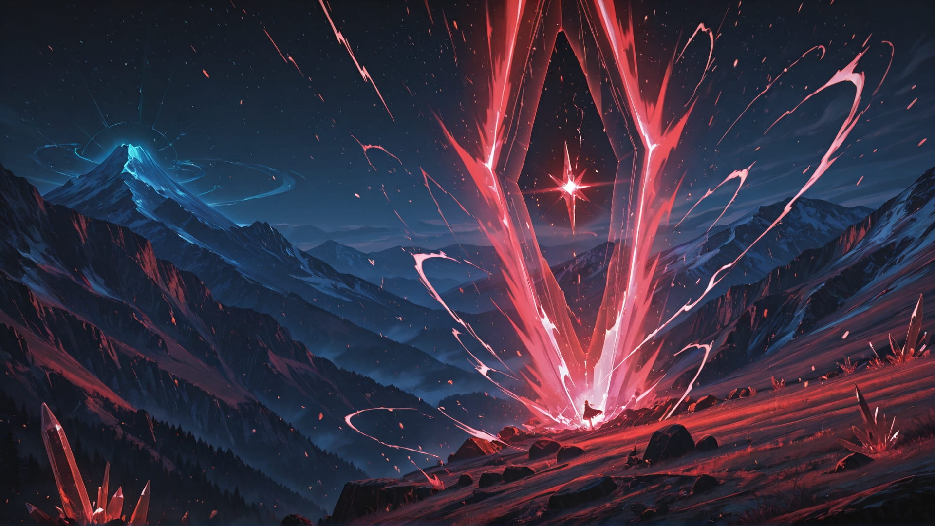 Red Night Mountain Crystal smartphone wallpaper free download, vertical 16:9 format, Red, Night, Mountain, Spring 001