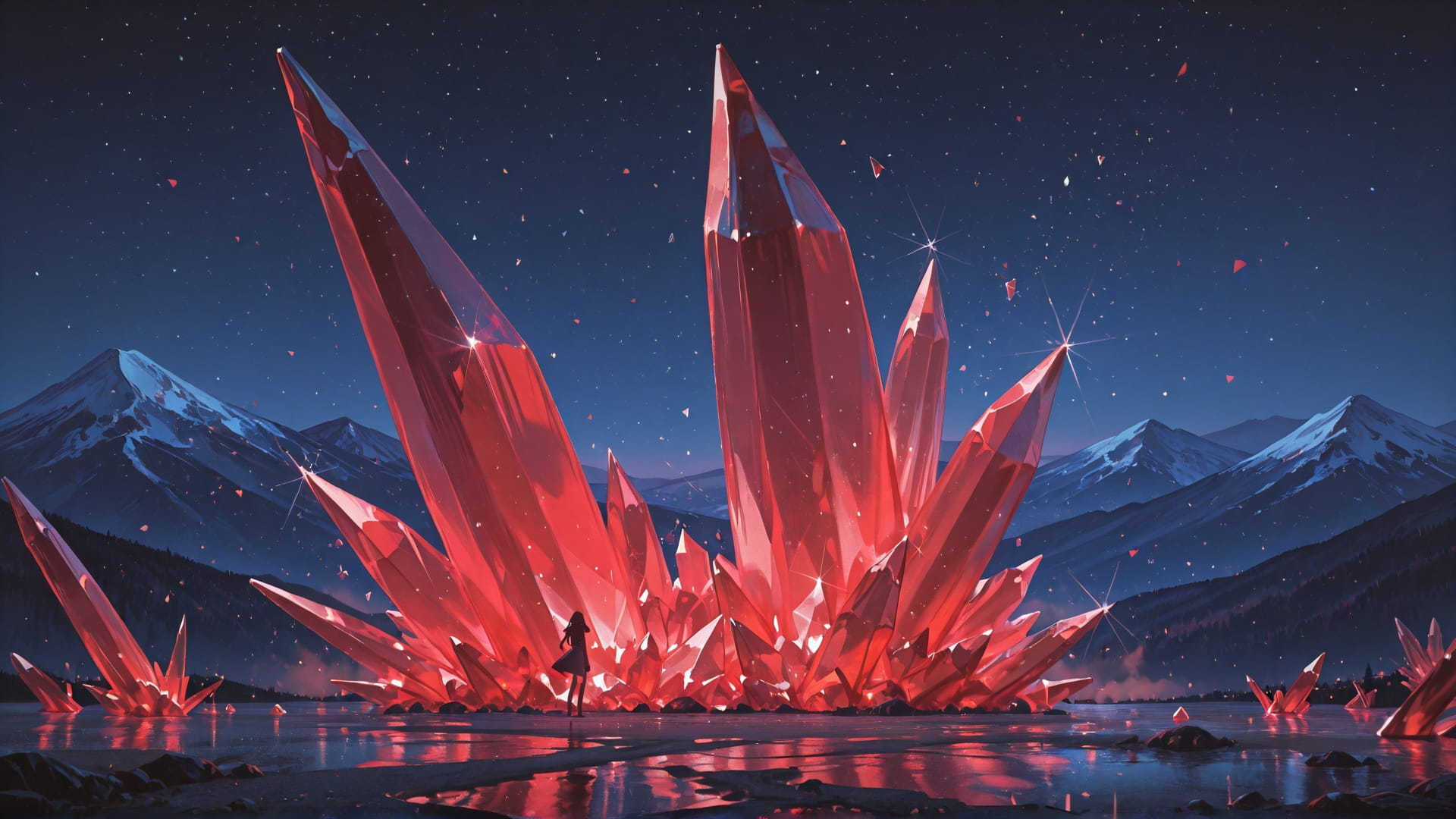 Red Night Mountain Crystal smartphone wallpaper free download, vertical 16:9 format, Red, Night, Mountain, Summer 001