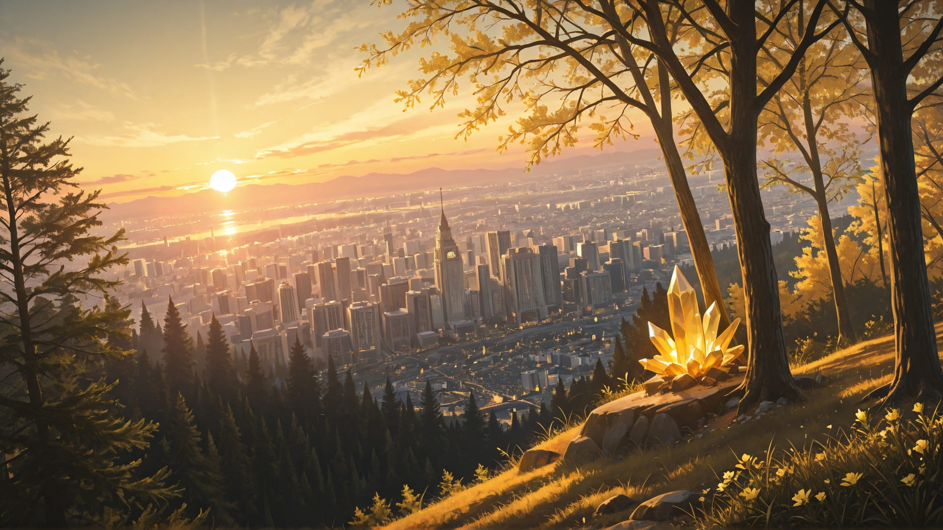 Yellow Sunset City Crystal smartphone wallpaper free download, vertical 16:9 format, Yellow, Sunset, City, Spring 001