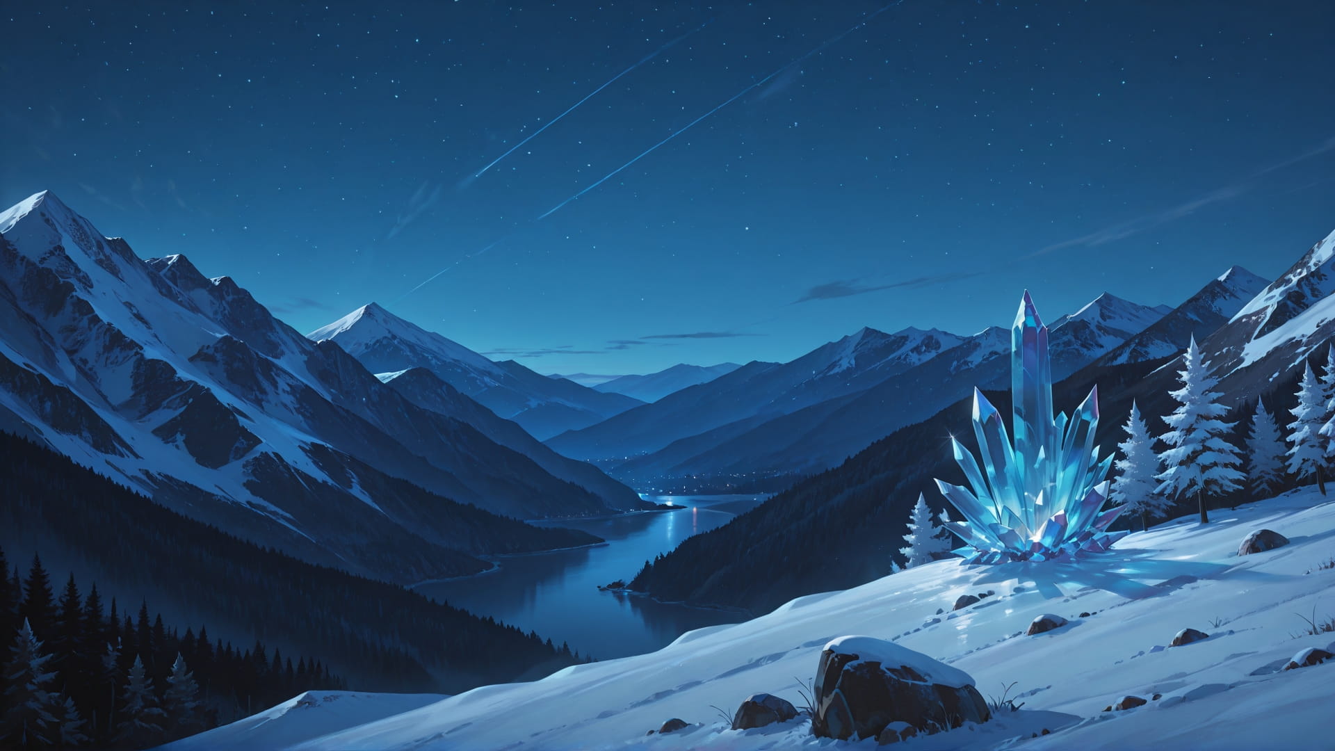 Blue Night Mountain Crystal smartphone wallpaper free download, vertical 16:9 format, Blue, Night, Mountain, Winter 002