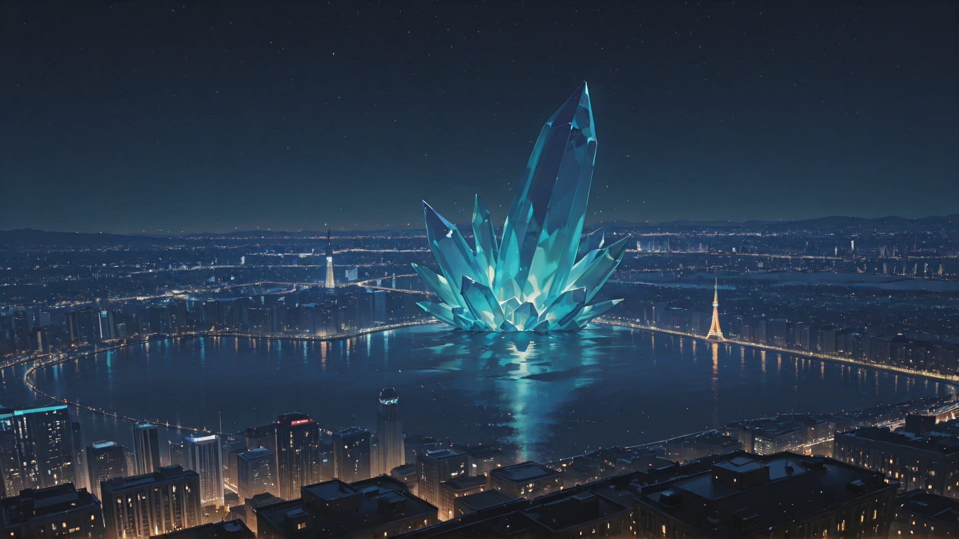 Green Night City Crystal smartphone wallpaper free download, vertical 16:9 format, Green, Night, City, Winter 001