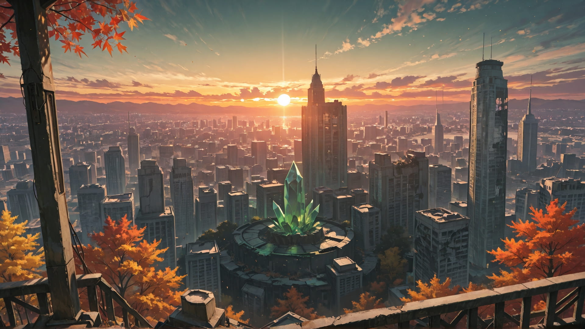 Green Sunset City Crystal smartphone wallpaper free download, vertical 16:9 format, Green, Sunset, City, Autumn 001