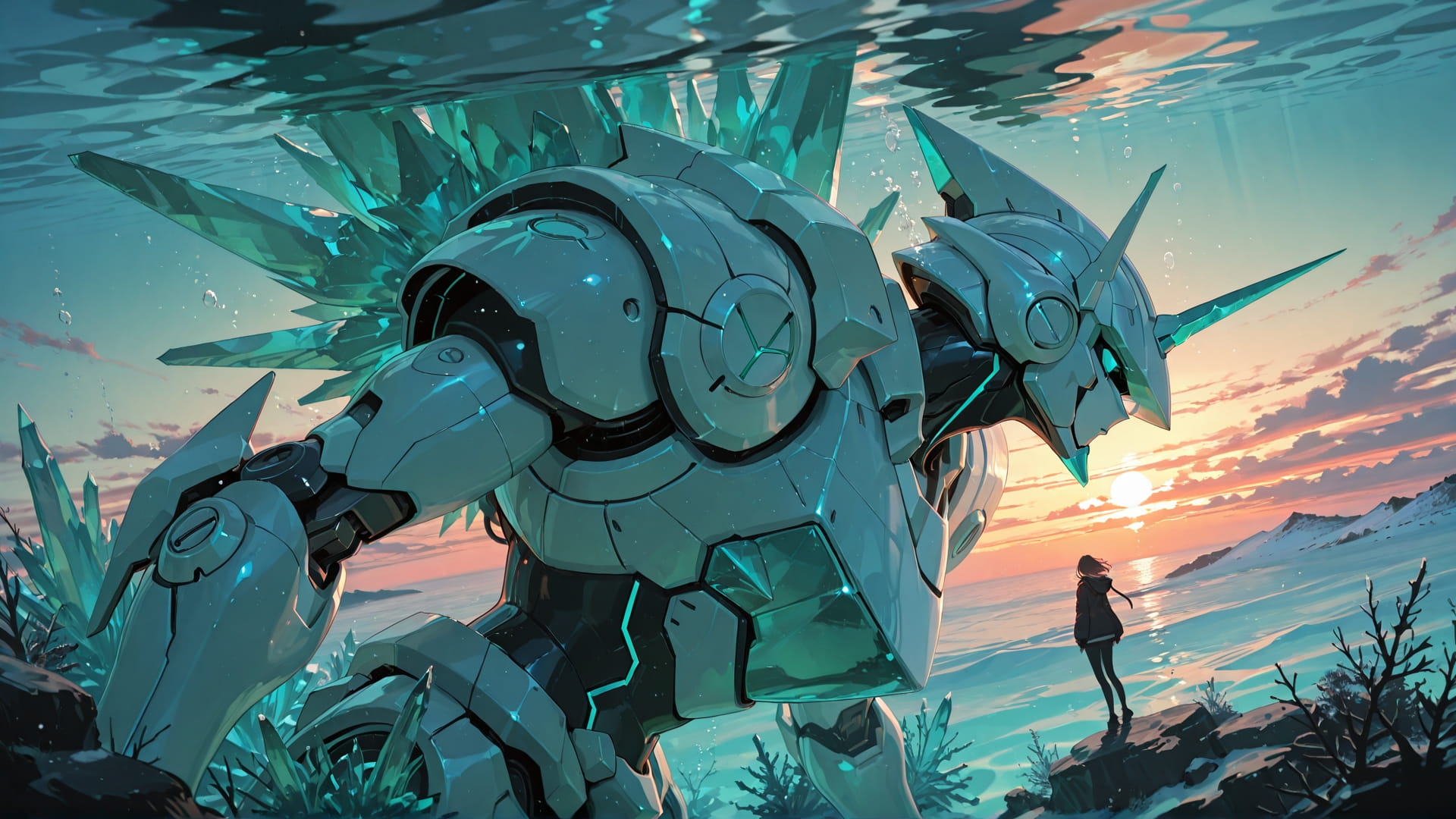 Green Sunset Sea Crystal smartphone wallpaper free download, vertical 16:9 format, Green, Sunset, Sea, Winter