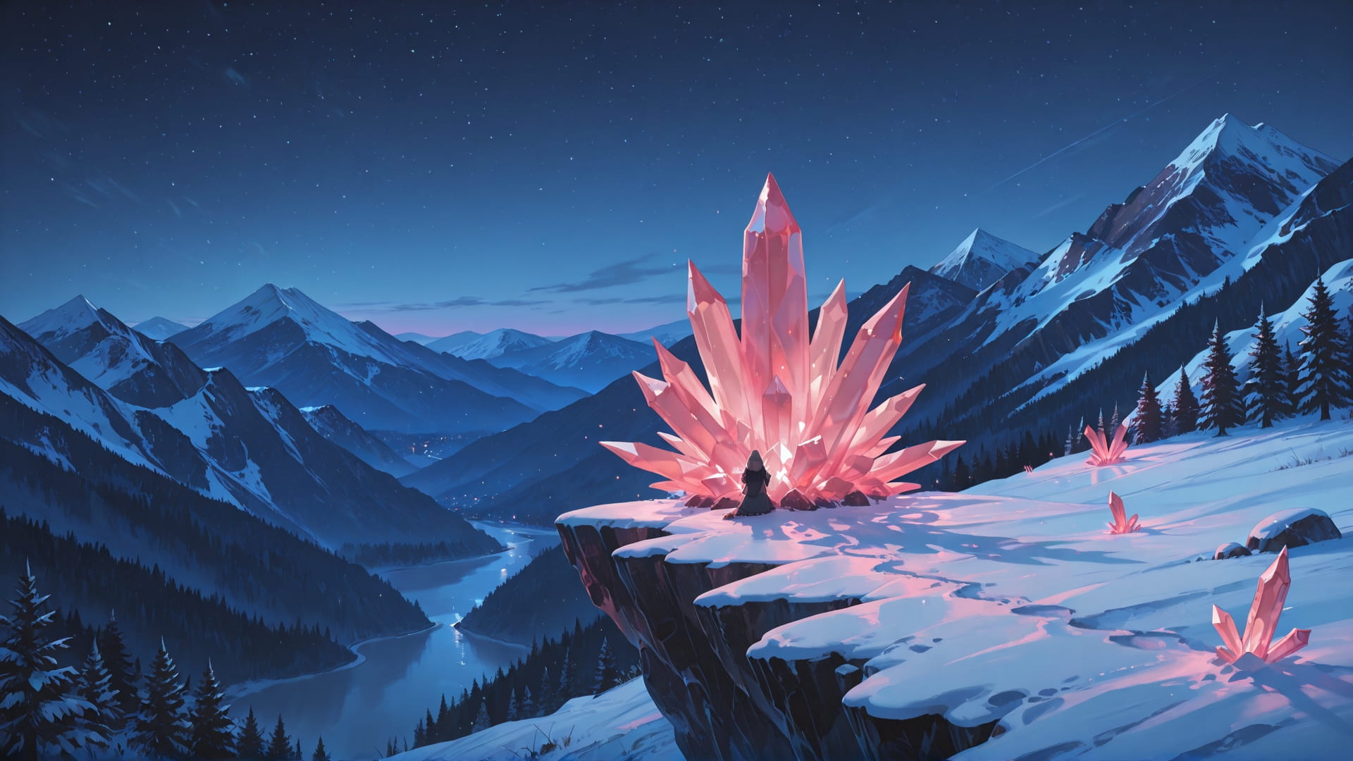 Pink Night Mountain Crystal smartphone wallpaper free download, vertical 16:9 format, Pink, Night, Mountain, Winter 001