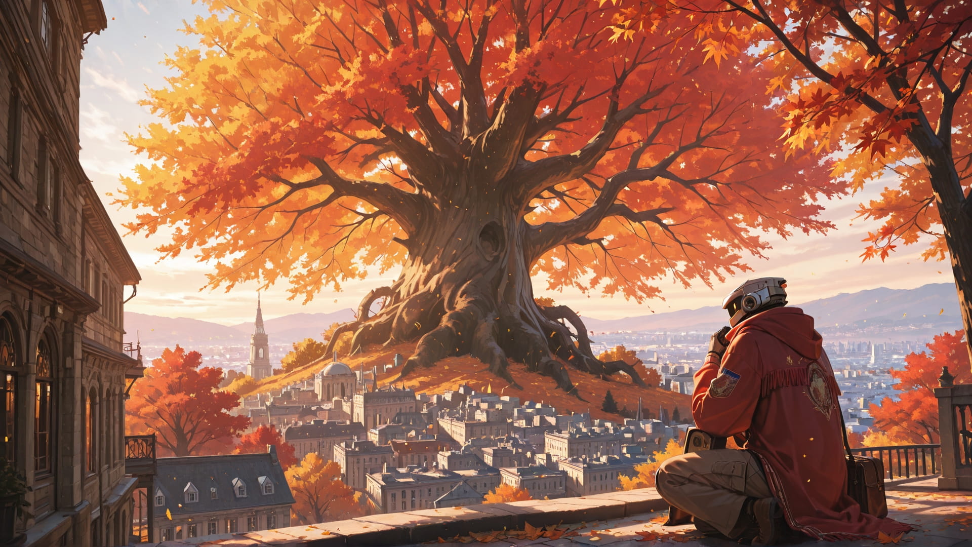 Red Afternoon City Crystal smartphone wallpaper free download, vertical 16:9 format, Red, Afternoon, City, Autumn