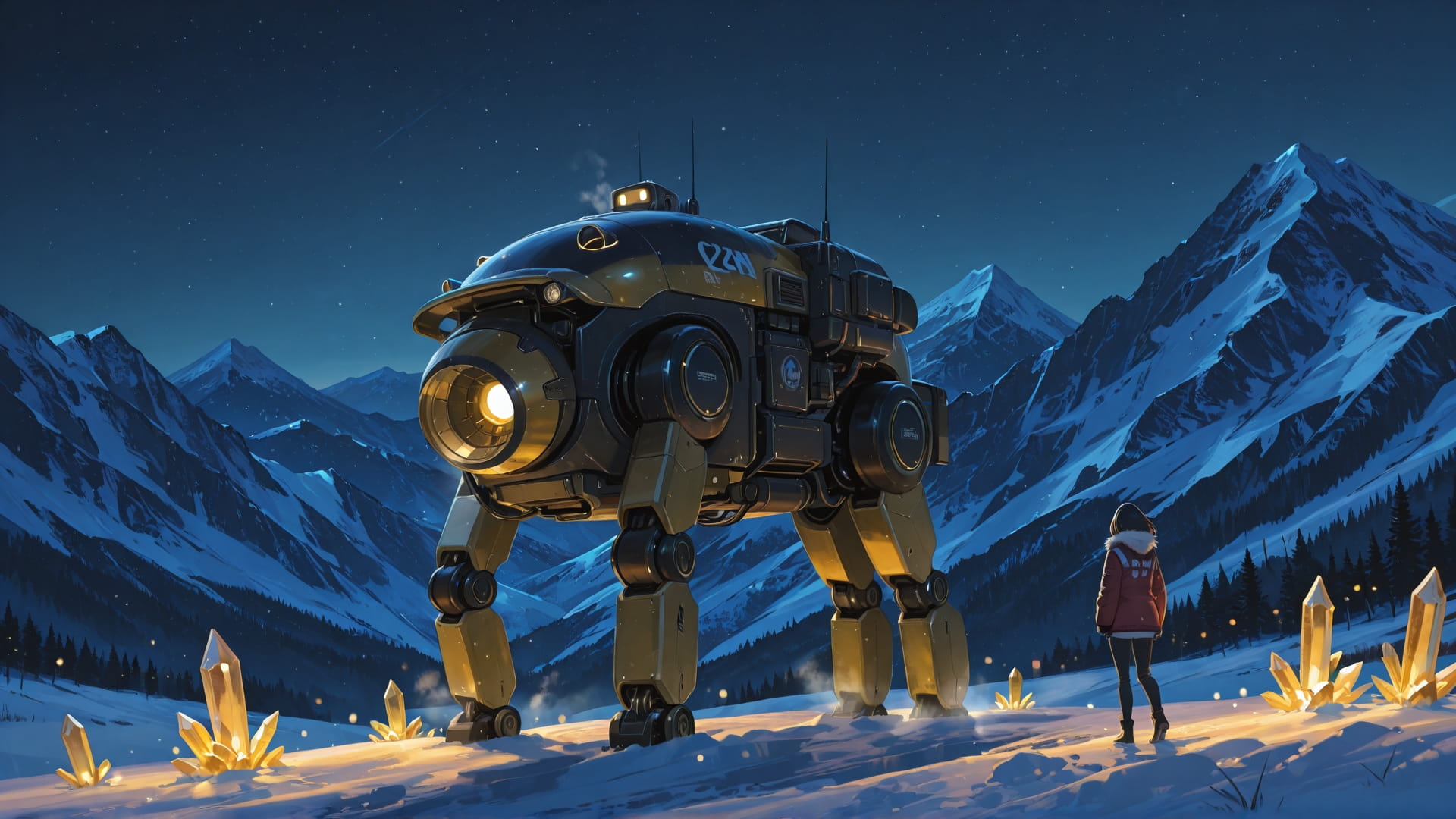 Yellow Night Mountain Crystal smartphone wallpaper free download, vertical 16:9 format, Yellow, Night, Mountain, Winter