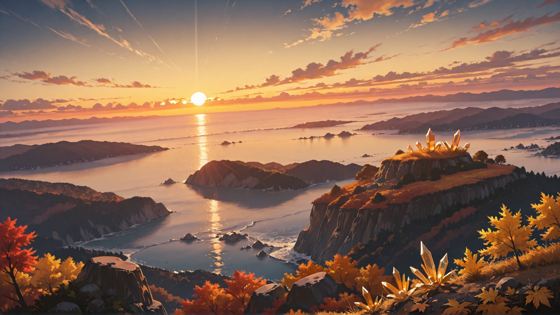 Yellow Sunset Sea Crystal smartphone wallpaper free download, vertical 16:9 format, Yellow, Sunset, Sea, Autumn 002