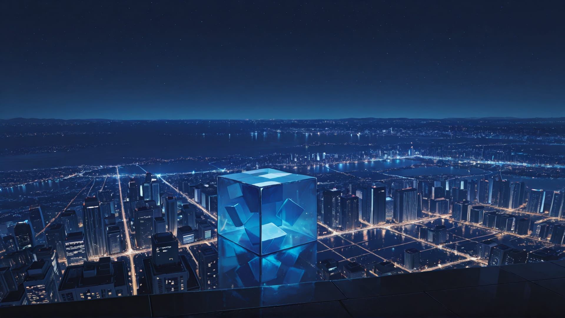 Blue Night City Cube smartphone wallpaper free download, vertical 16:9 format, Blue, Night, City, Summer 001