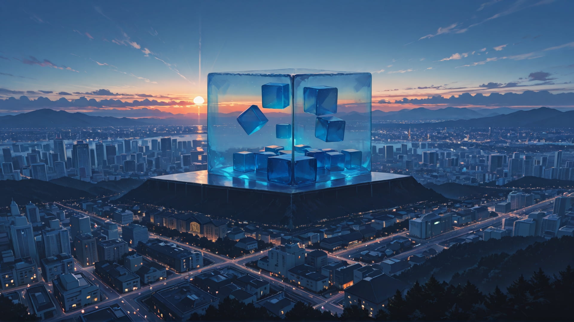 Blue Sunset City Cube smartphone wallpaper free download, vertical 16:9 format, Blue, Sunset, City, Winter 001