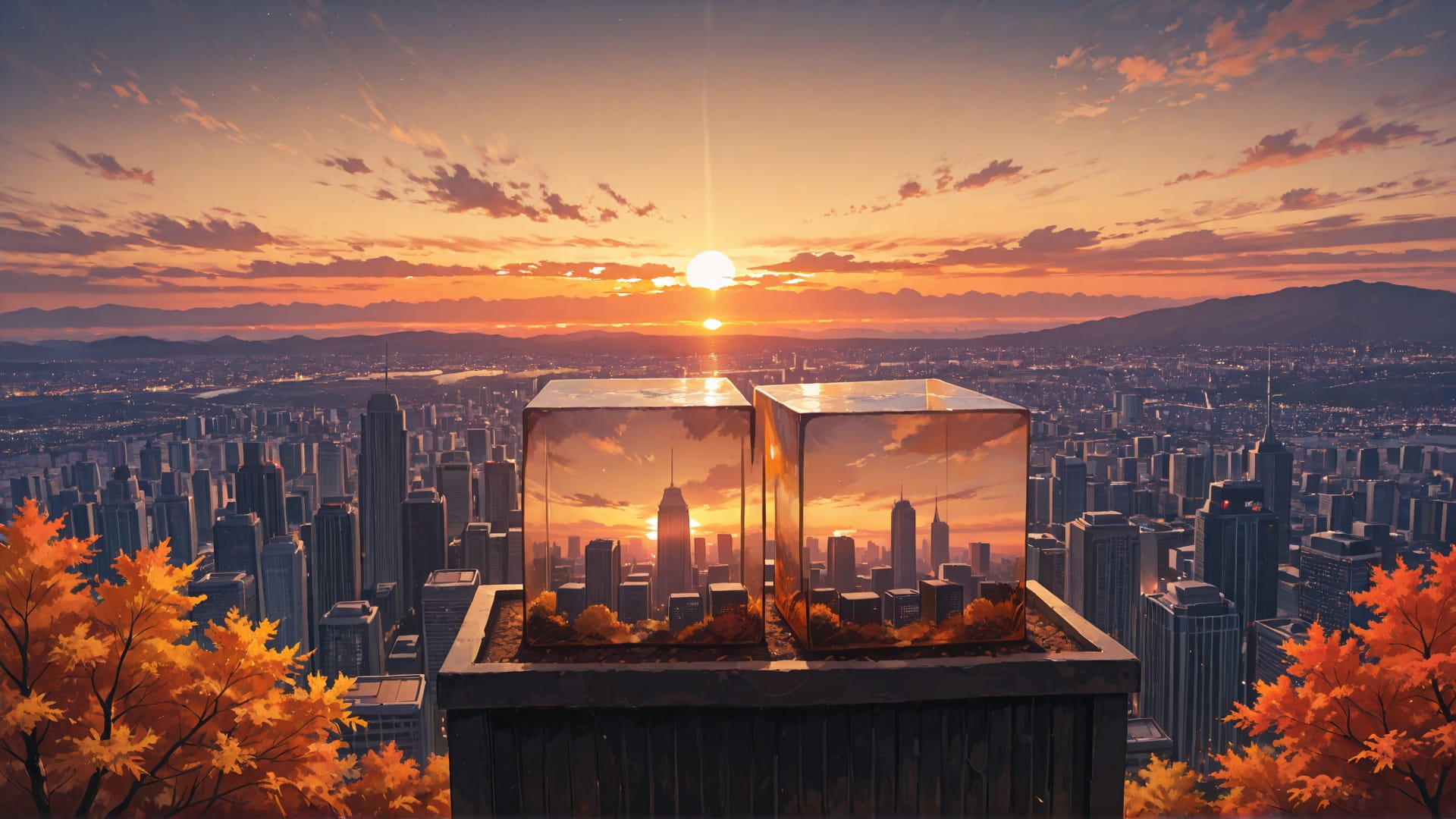 Brown Sunset City Cube smartphone wallpaper free download, vertical 16:9 format, Brown, Sunset, City, Autumn 001