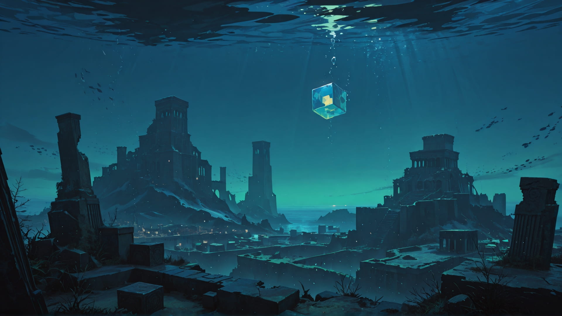 Green Night City Cube smartphone wallpaper free download, vertical 16:9 format, Green, Night, City, Winter 001