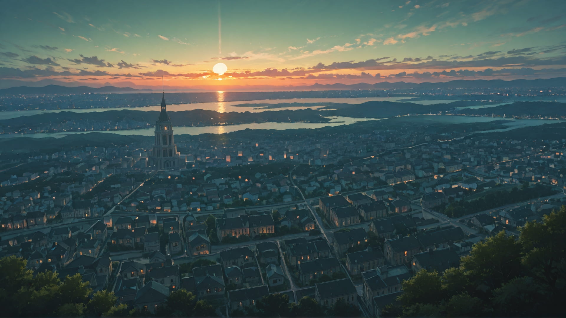 Green Sunset City Cube smartphone wallpaper free download, vertical 16:9 format, Green, Sunset, City, Spring 001