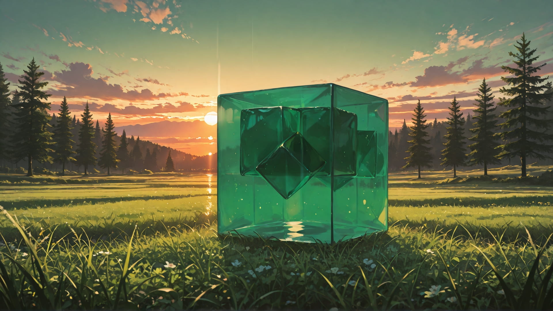Green Sunset Nature Cube smartphone wallpaper free download, vertical 16:9 format, Green, Sunset, Nature, Spring 001