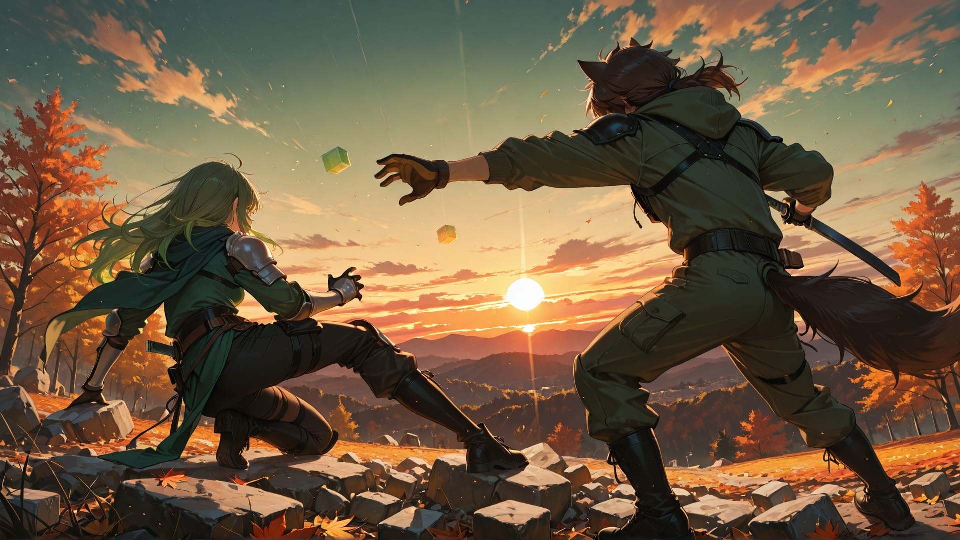 Green Sunset Sky Cube smartphone wallpaper free download, vertical 16:9 format, Green, Sunset, Sky, Autumn 001