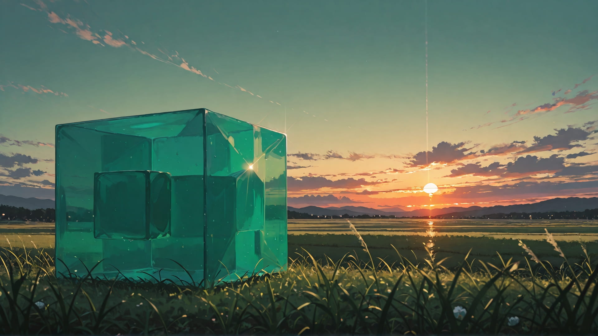 Green Sunset Sky Cube smartphone wallpaper free download, vertical 16:9 format, Green, Sunset, Sky, Spring 001