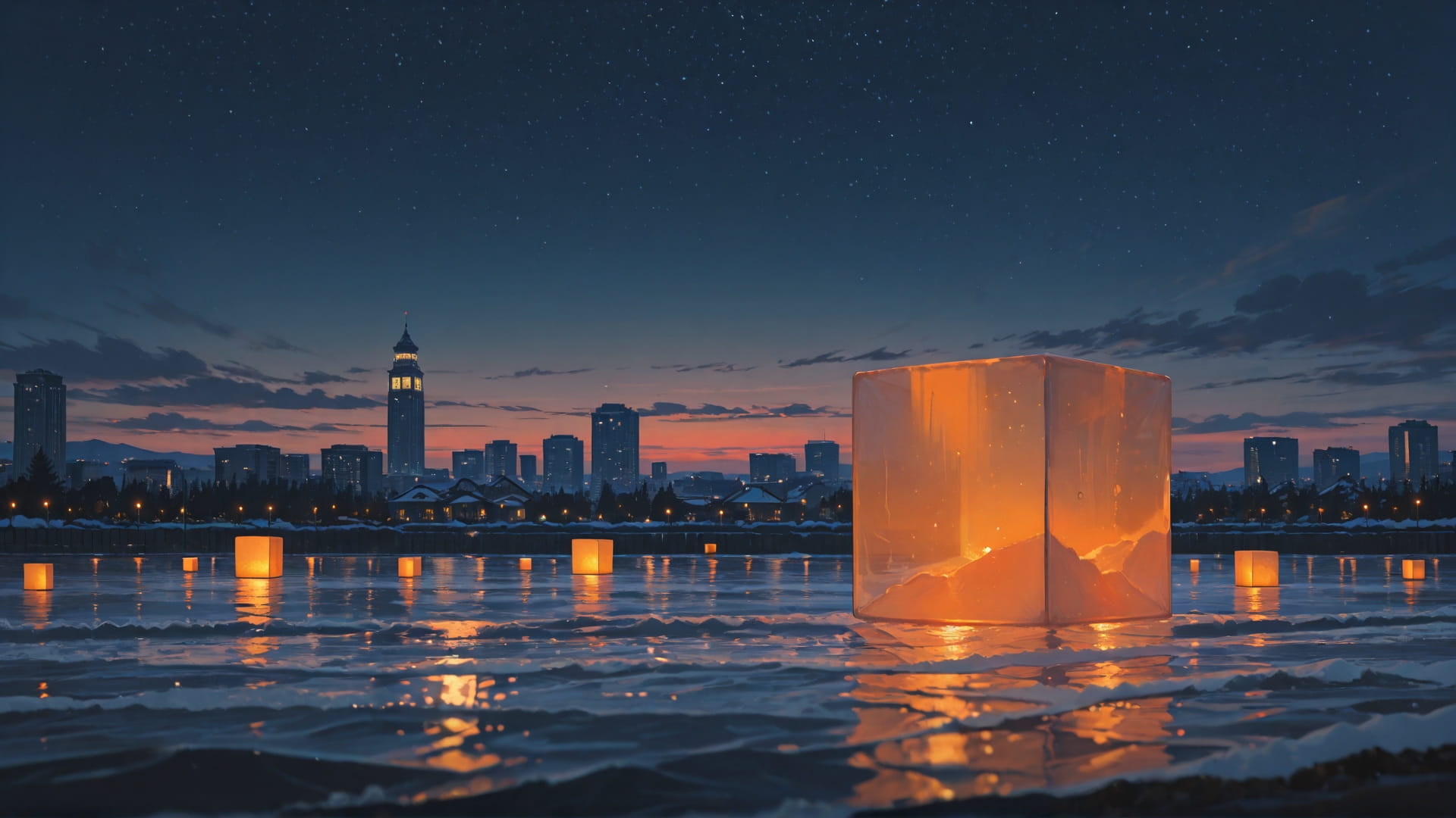 Orange Night City Cube smartphone wallpaper free download, vertical 16:9 format, Orange, Night, City, Winter 001