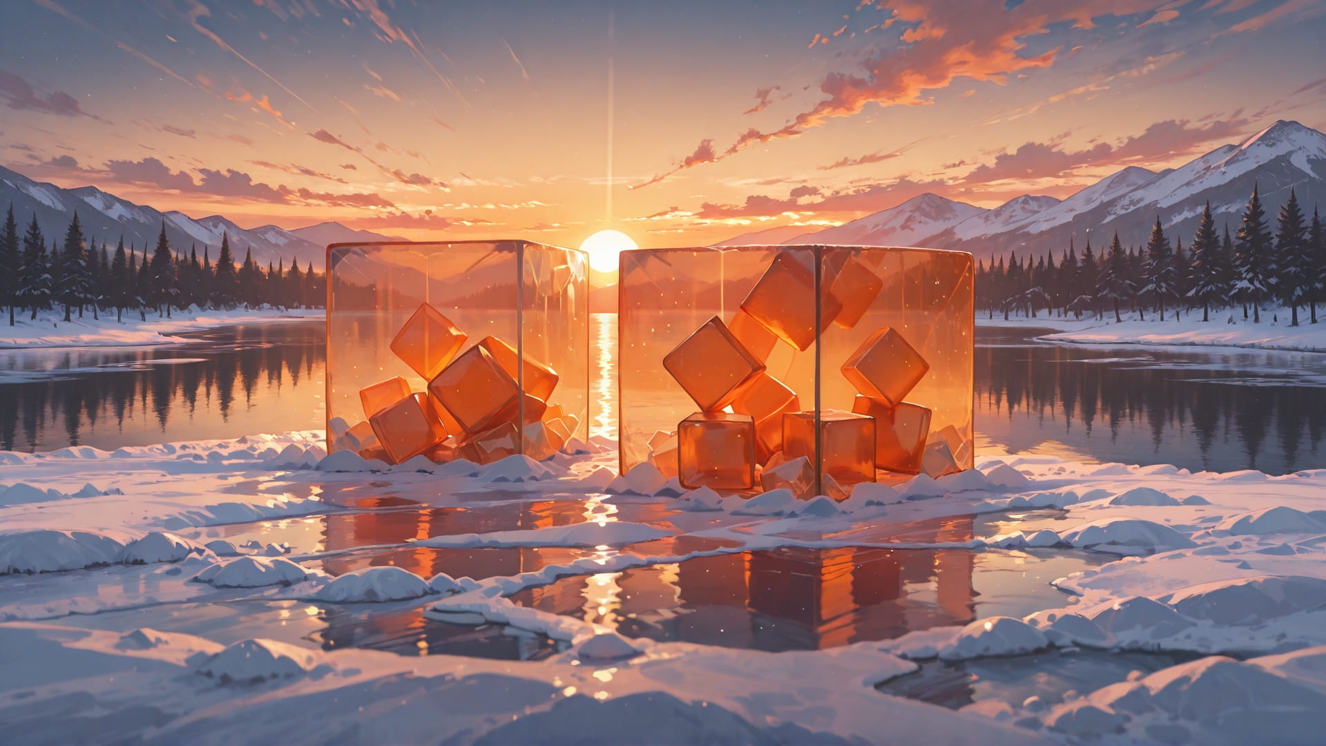 Orange Sunset Sea Cube smartphone wallpaper free download, vertical 16:9 format, Orange, Sunset, Sea, Winter 001