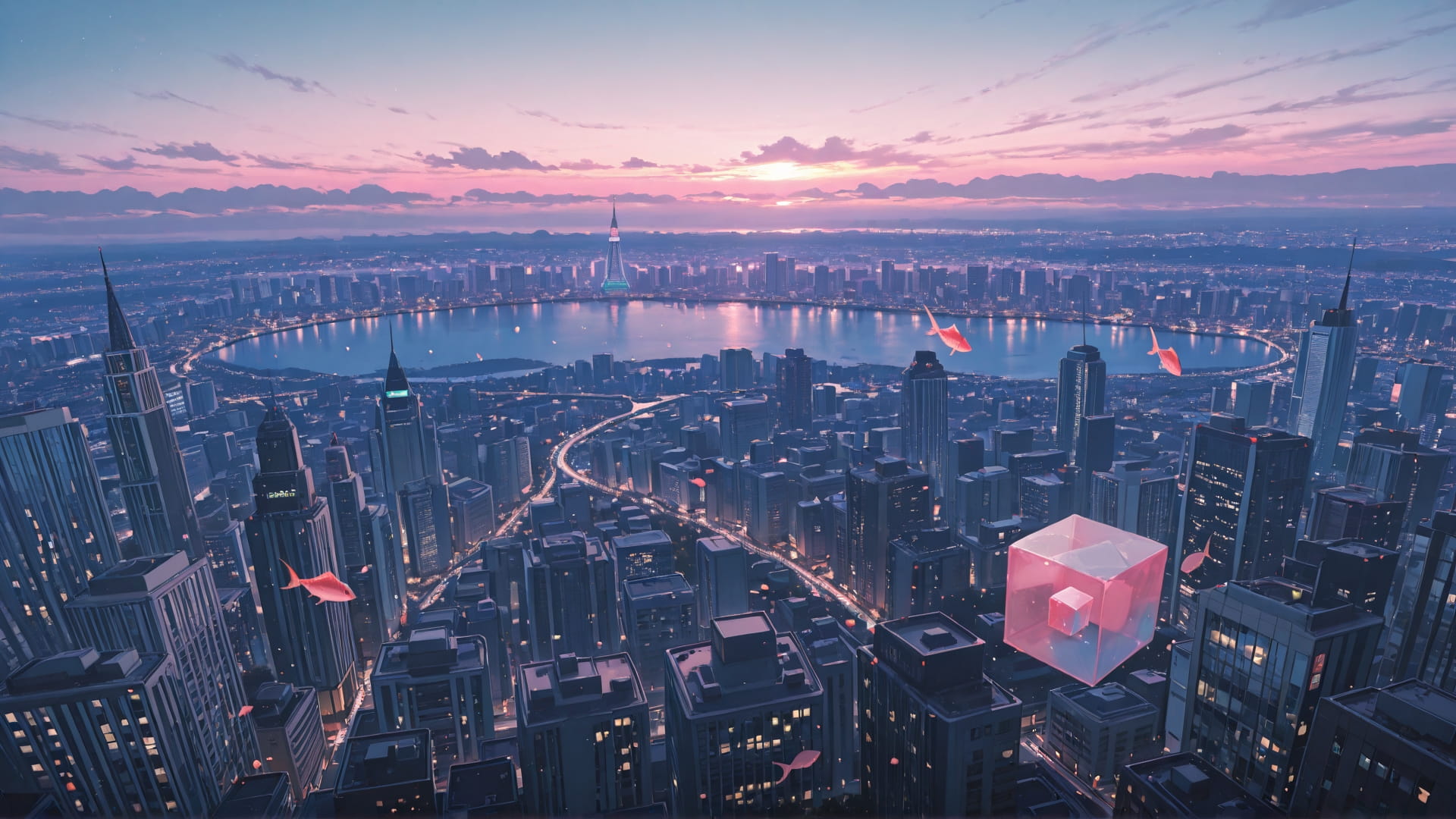 Pink Afternoon City Cube smartphone wallpaper free download, vertical 16:9 format, Pink, Afternoon, City, Spring 001