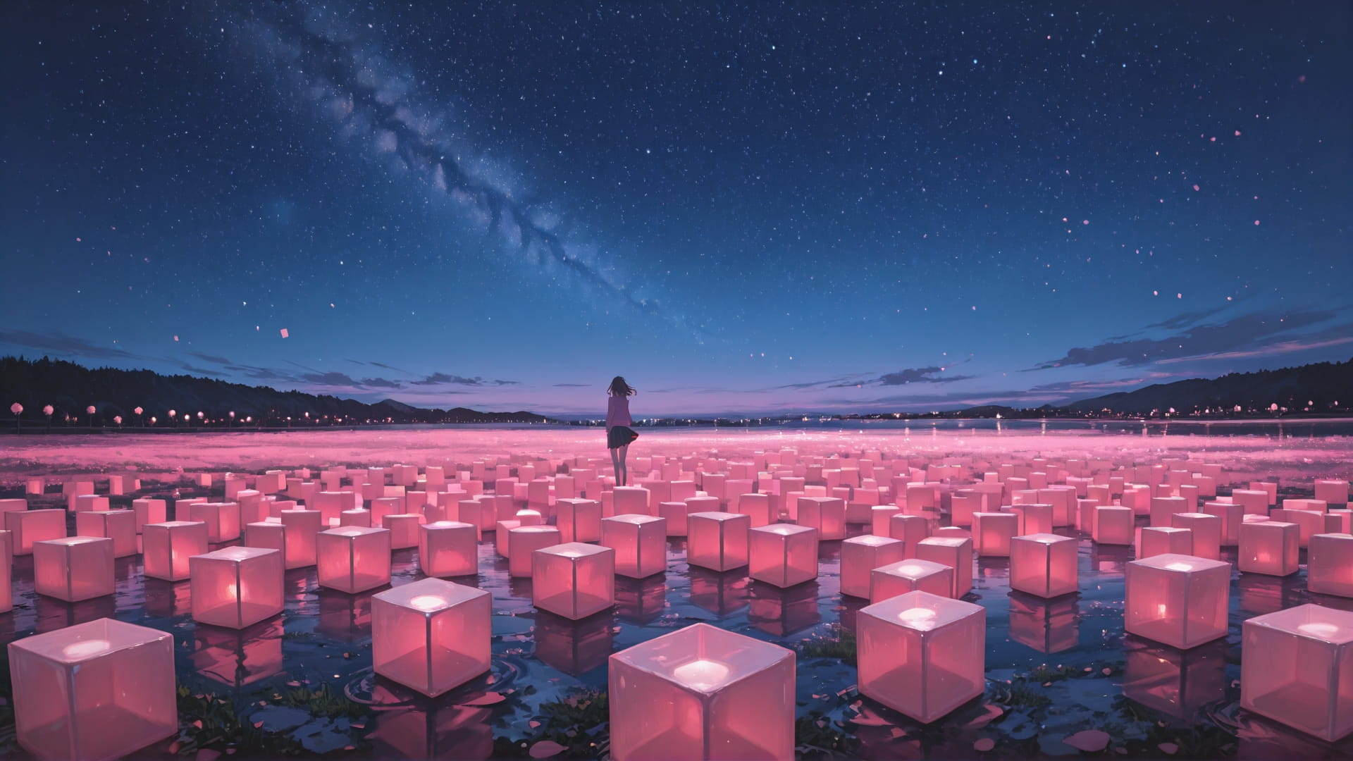 Pink Night Sky Cube smartphone wallpaper free download, vertical 16:9 format, Pink, Night, Sky, Spring 001