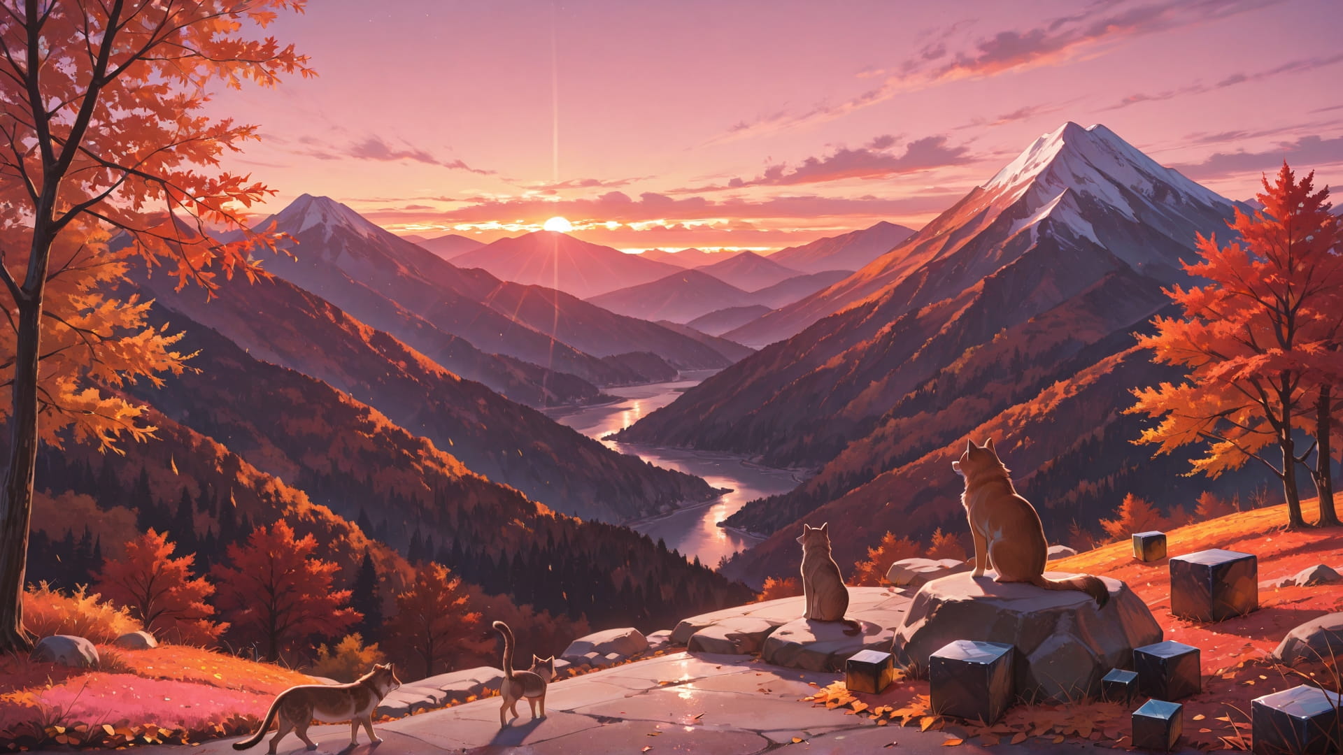 Pink Sunset Mountain Cube smartphone wallpaper free download, vertical 16:9 format, Pink, Sunset, Mountain, Autumn 001