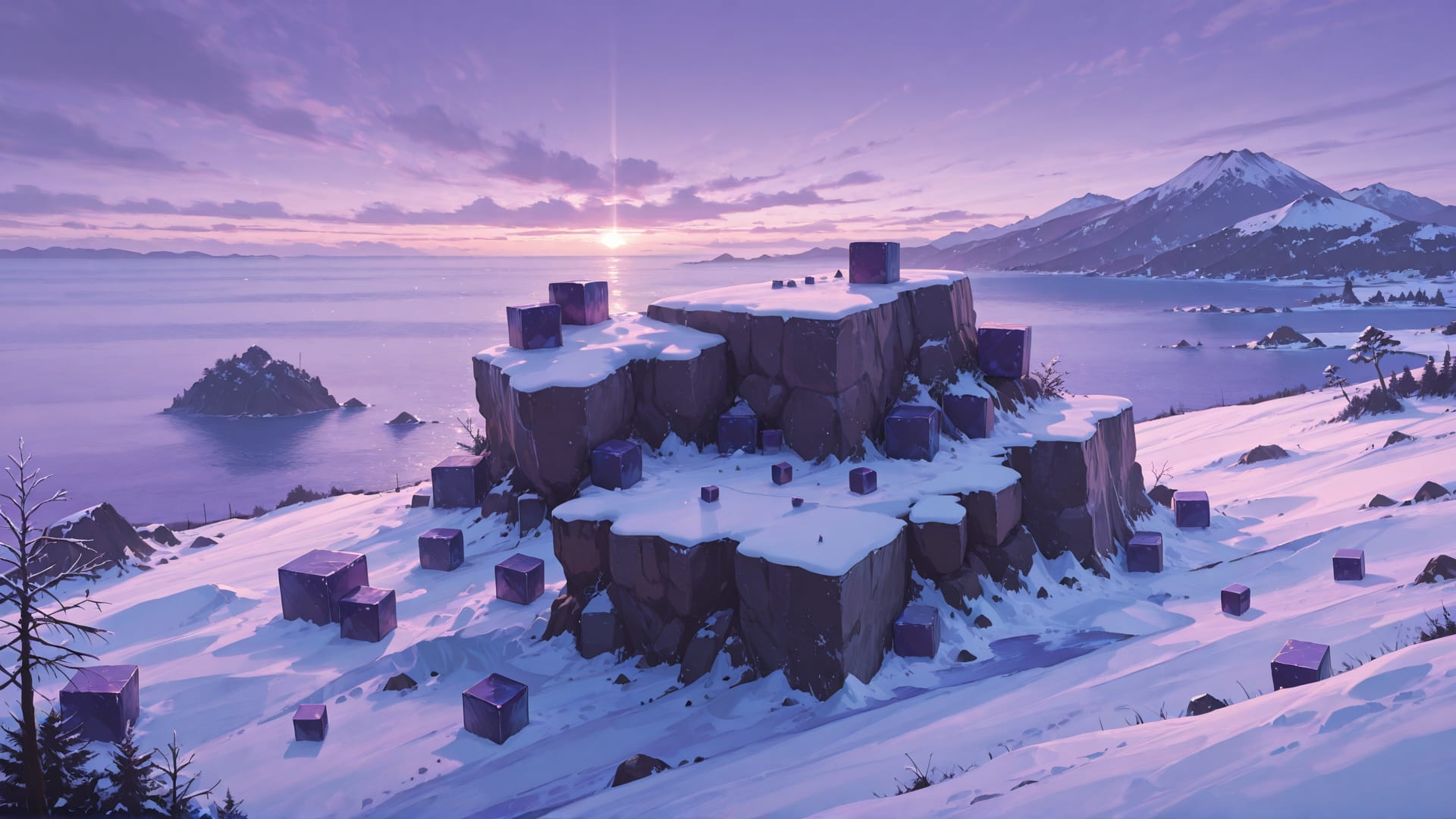 Purple Afternoon Sea Cube smartphone wallpaper free download, vertical 16:9 format, Purple, Afternoon, Sea, Winter 001